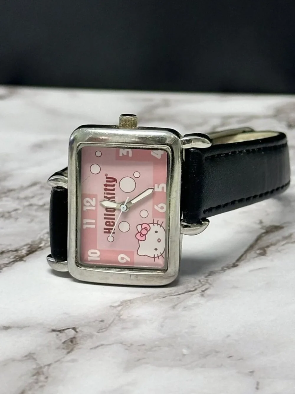 Hello Kitty Watch Women Silver Tone Square Case Leather Band New Battery 9